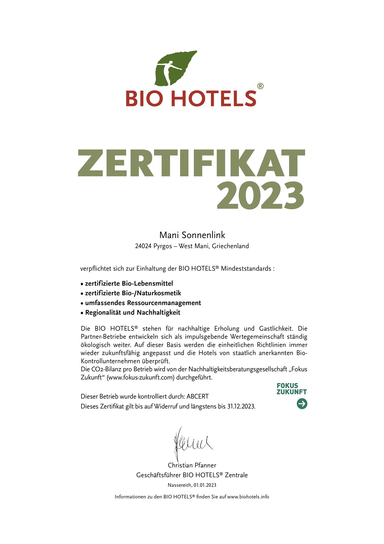 Bio Gästehaus Mani Sonnenlink Nachweise Zertifikate BIO HOTELS® Zertifikat
